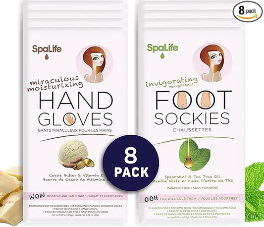SpaLife Moisturizing Hand Gloves and Foot Sockies Bundle - 4 Hand Gloves & 4 Foot Sockies Set for Hydrating Dry, Cracked Hands and Feet - Repairing Skincare Mini Gift Set