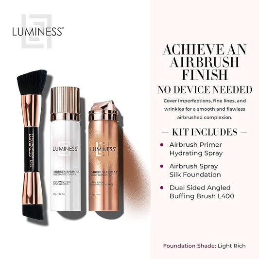 LUMINESS Airbrush Spray Silk Foundation Starter Kit - Light Rich - Foundation, Primer & Dual-Sided Angled Buffing Brush - Medium, Buildable Coverage, Anti-Aging Formula Hydrates & Moisturizes
