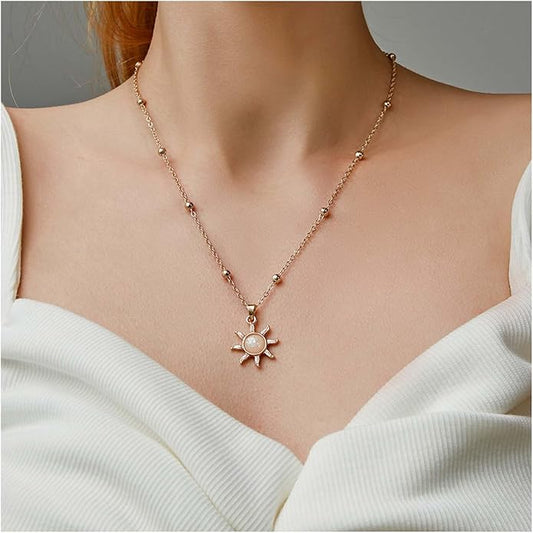 Vintage Opal Crystal Sun Pendent Necklace Opal Sunburst Necklace Moonstone Sun Choker Necklace Gold Ball Chain Necklace Jewelry for Women (Gold)