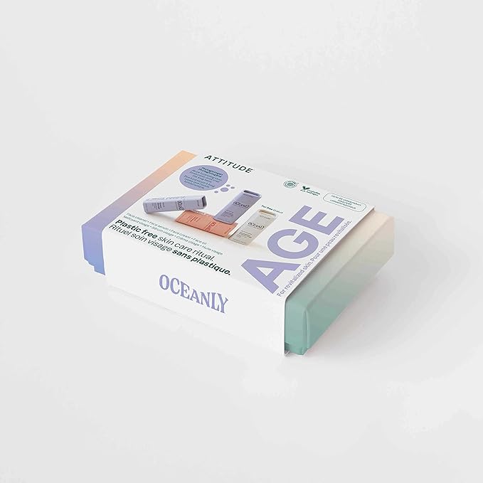 ATTITUDE Oceanly Aging Skin Daily Facial Care Routine Box Set, EWG Verified, Plastic-free, Plant and Mineral-Based Ingredients, Vegan and Cruelty-free, PHYTO AGE, Set of 4 Travel Size Bars