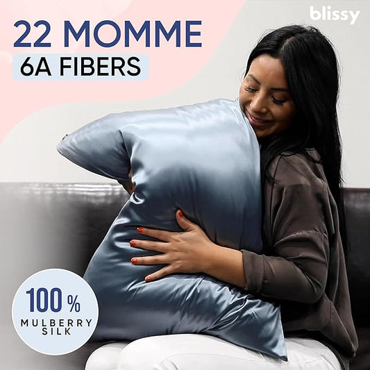 Blissy Silk Pillowcase - 100% Pure Mulberry Silk - 22 Momme 6A High-Grade Fibers - Silk Pillow Cover for Hair & Skin - Regular, Queen & King (Ash Blue, Queen)