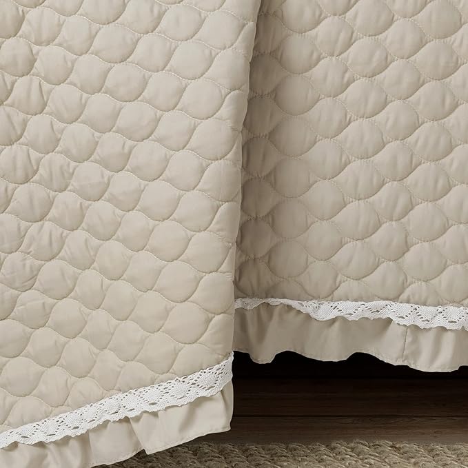 Lush Decor Ella Ruffle Lace Quilt, 3 Piece Set, King, Neutral, Cute Quilt - King Bedding Set - Beige Bedding - Coquette Decor - Neutral Ruffle Trim - Beige Lace Trim