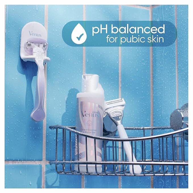 Gillette Venus for Pubic Hair and Skin, 1 Razor Handle + 2 Blade Refills, 2-in-1 Cleanser + Shave Gel and Daily Soothing Serum