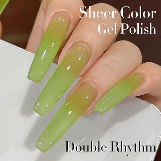 Double Rhythm Translucent Gel Polish Sheer Neutral Natural Light Milky Same Color Same Bottle 15ML Jelly Nail Polish Nail Art DIY at Home (Green-A1408)