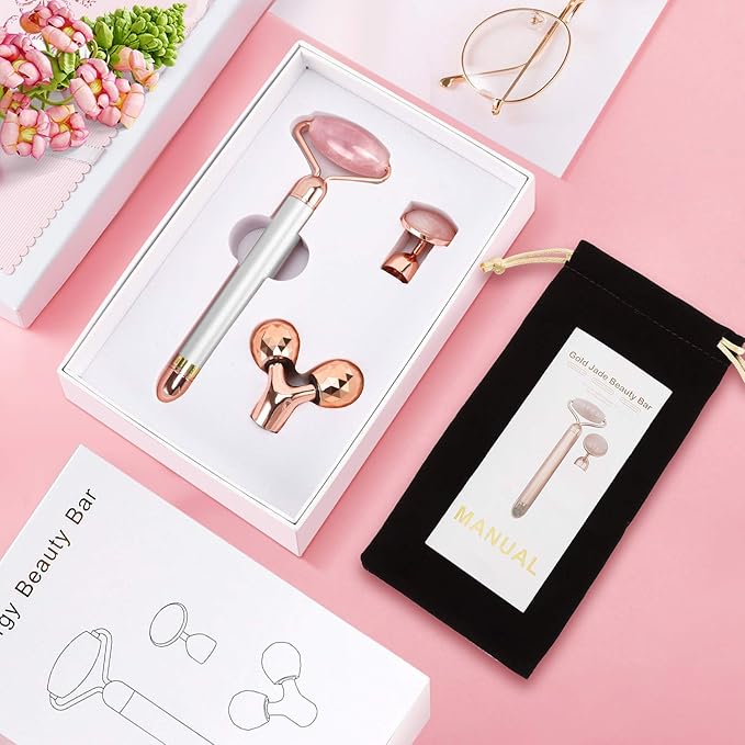 DANGSHAN 3-in-1 Electric Jade Roller 3D Roller Facial Roller & Face Massager, Rose Quartz