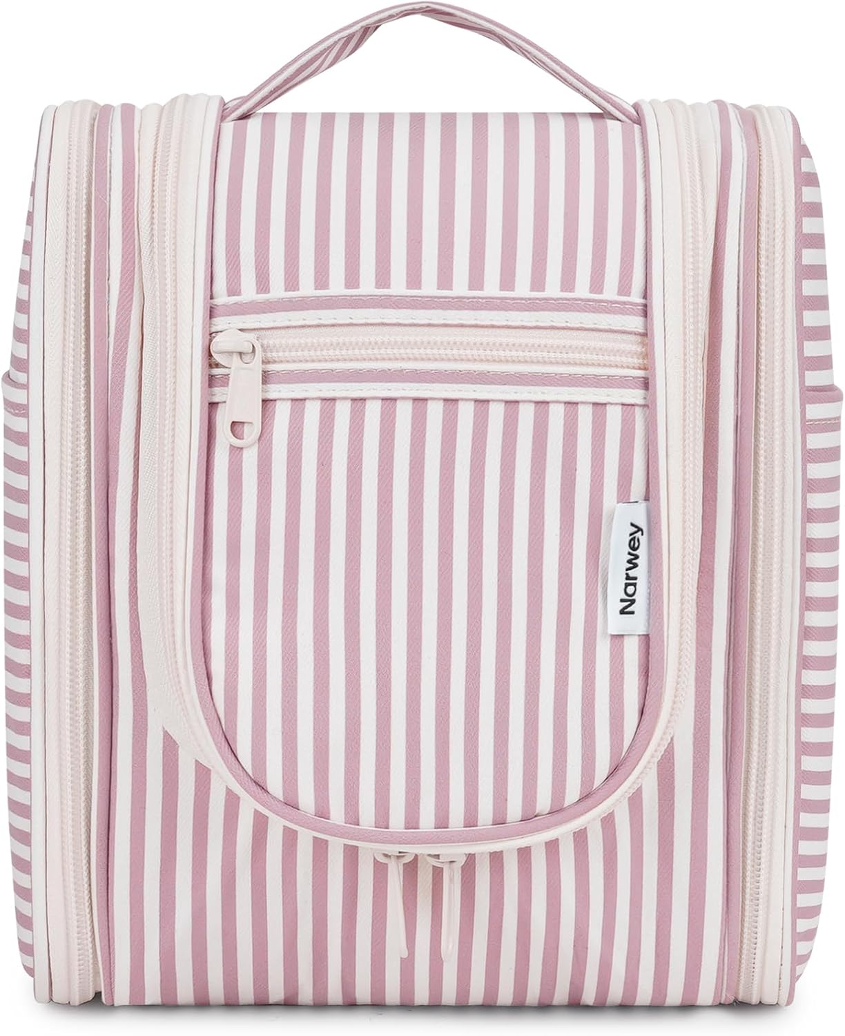 Narwey Small Striped Hanging Travel Toiletry Bag for Women, Travel Bag for Toiletries, Makeup Bag Organizer Cosmetic Bags Make Up Bags for Women (Dusty Rose Stripe)