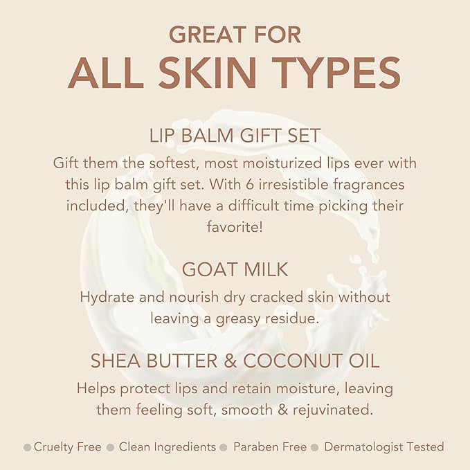 Dionis Goat Milk Lip Balm Deluxe Gift Box Set of 6 Vanilla, Coconut, Milk & Honey, Berry, Peppermint & Blood Orange Scented Chapstick - Shea Butter & Coconut Oil Gifts For Her, Protect & Restore Lips