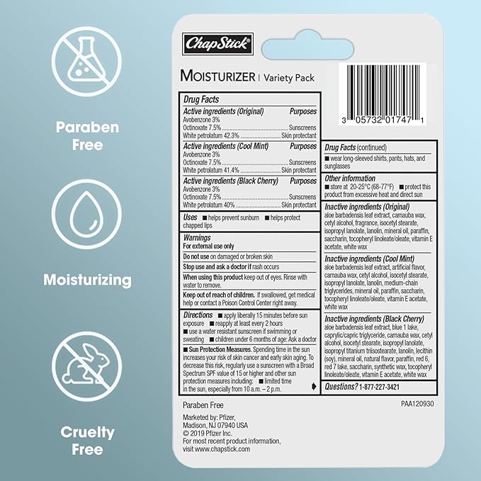 ChapStick Moisturizer Original, Black Cherry and Cool Mint Lip Balm Tubes Variety Pack, SPF 15 and Skin Protectant - 0.15 Oz (Pack of 3)