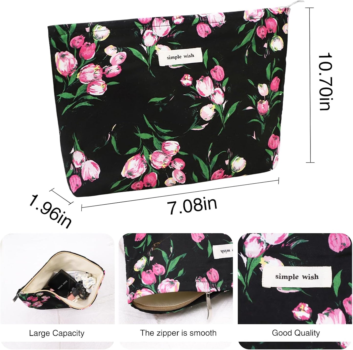 Wudygirl Makeup Bag Aesthetic Makeup Pouch Toiletry Bag Canvas Cosmetic Bag for Women and Girls Large Capacity Travel Makeup Bag Cute Pencil Pouch with Zipper (Black and Red Floral)