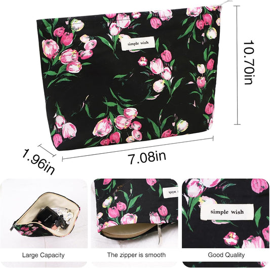 Wudygirl Makeup Bag Aesthetic Makeup Pouch Toiletry Bag Canvas Cosmetic Bag for Women and Girls Large Capacity Travel Makeup Bag Cute Pencil Pouch with Zipper (Black and Red Floral)