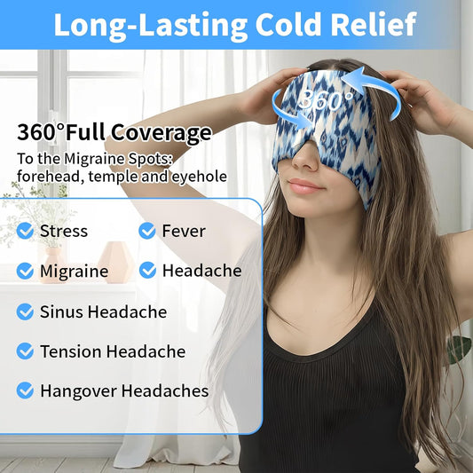 Migraine Relief Cap,Headache Relieve Cap,Bohemian Blue Texture Reusable Gel Ice Head Wrap Cap for Tension,Stress,Hangover & Puffy Eyes.