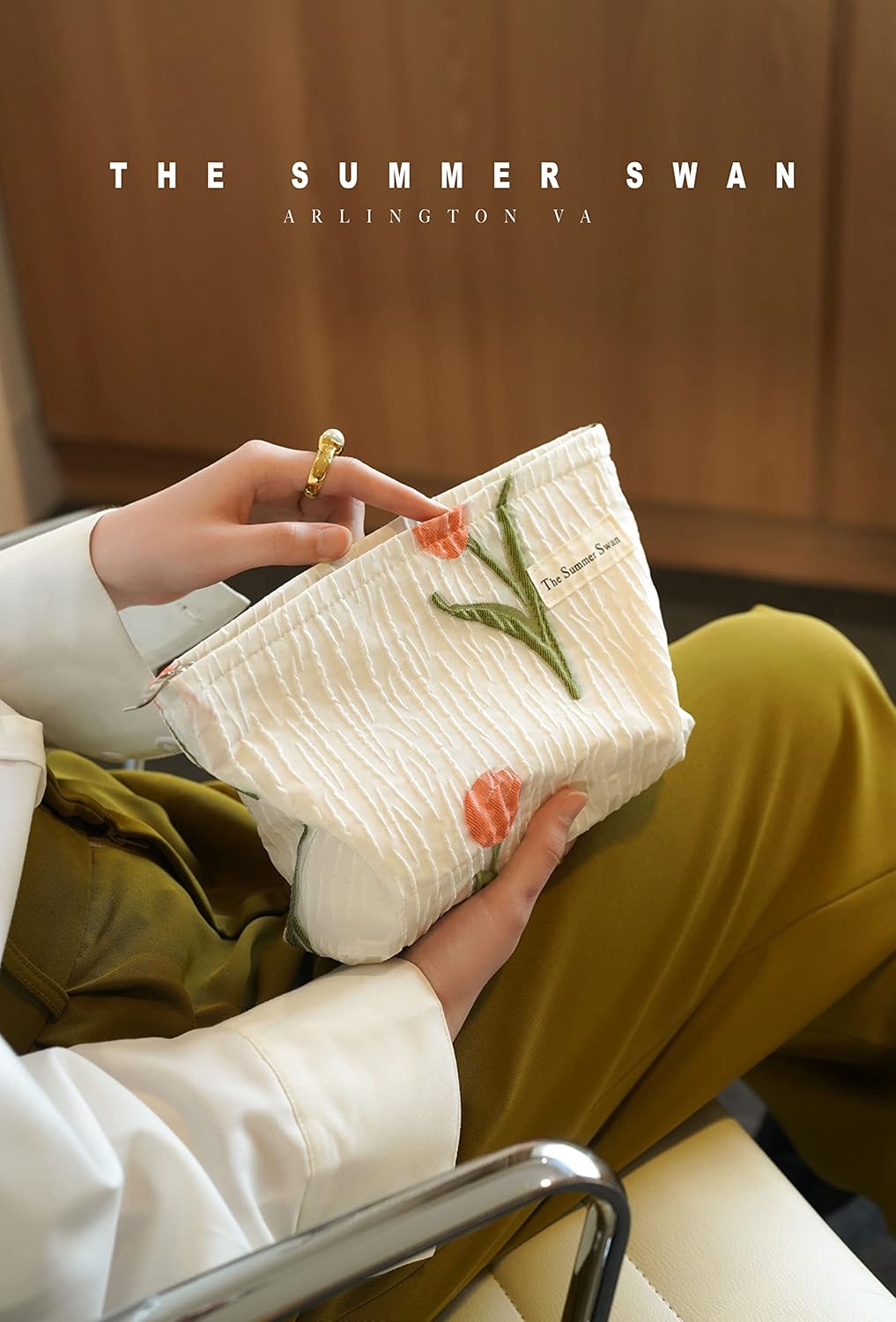 The Summer Swan | Large Aesthetic Makeup Bag Preppy Skincare Organizer Floral Mid-day Clutch Period Kit Hygiene Cute (Tulip)