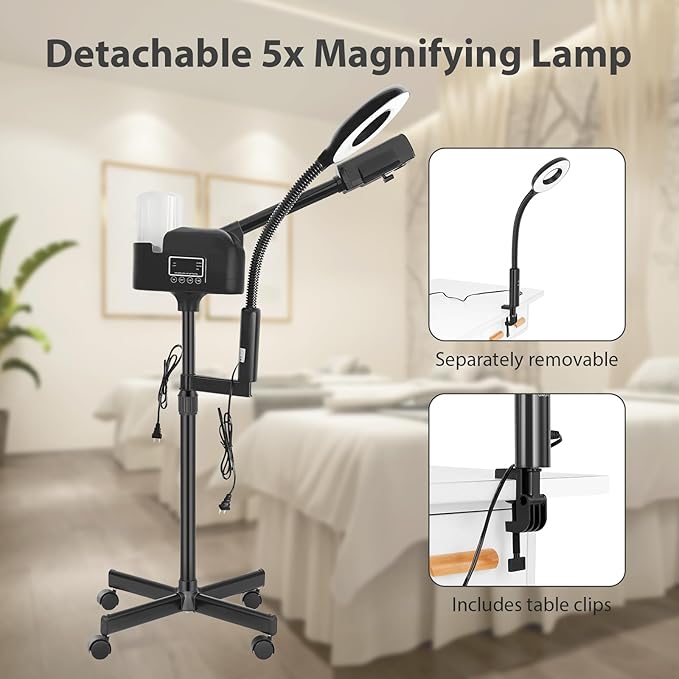 Professional Facial Steamer 2 in1 Steamer for Face 5X LED Magnifying Lamp Facial Steamer for Esthetician Beauty Face Equipment Use at Home or Salon（Black）