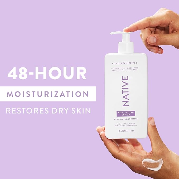 Native Body Lotion Contains Naturally Derived Plant-Based Moisturizers for Women and Men | Restores Dry Skin, Lilac & White Tea, 16.5 fl oz