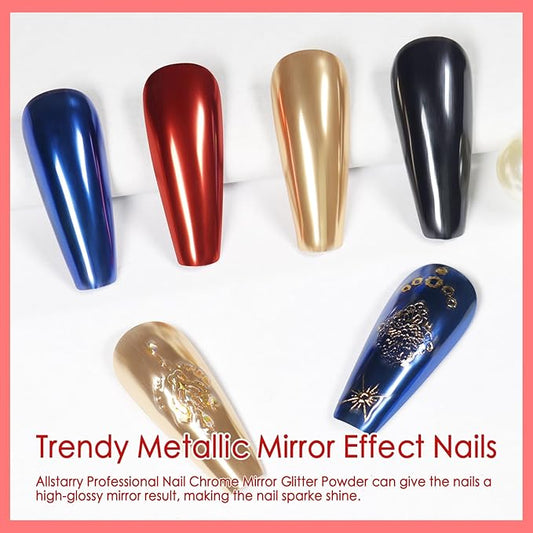 Allstarry Chrome Nail Powder 4 Colors Metallic Mirror Effect Powder Manicure Chrome Pigment Magic Glitter Dust Kit for Gel Polish Nail Art Decoration with 4 Sponge Sticks - Ruby Sapphire Series