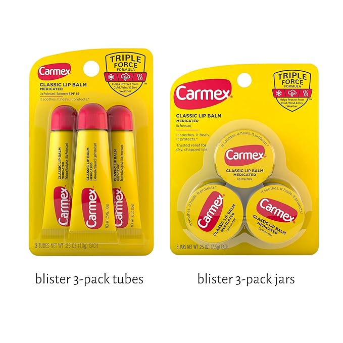 Set of 6 Medicated Lip Balms by Carmex: 3 Jars and 3 Tubes. Carmex Lip Balm Moisturizer, Trusted Relief for Dry, Chapped Lips. Bundled with Silicone Lip Brush and Lip Balm Holder Keychain (White)