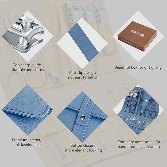 Manicure Set Professional Nail Clippers Pedicure Kit, 16 pcs Stainless Steel Nail Care Tools Grooming Kit with Luxurious Travel Leather Case for Thick Nails Men Women Gift (Blue)