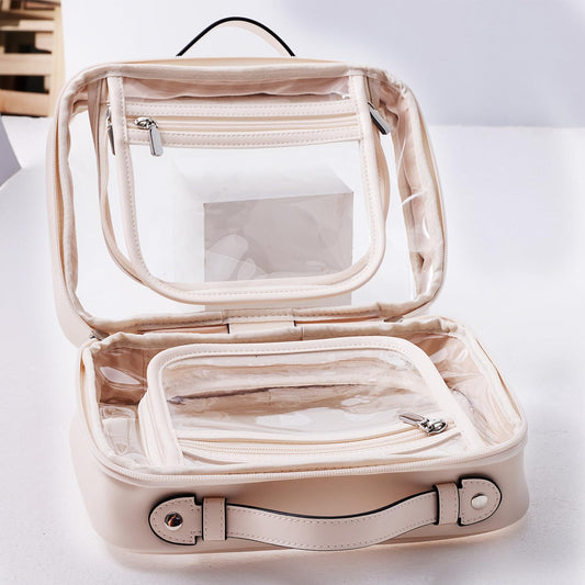 SANHECUN traveling toiletry Case large clear cosmetics case makeup bag Dimensions | LxWxH:10” x 4.5” x 7.5”(Beige, Medium)