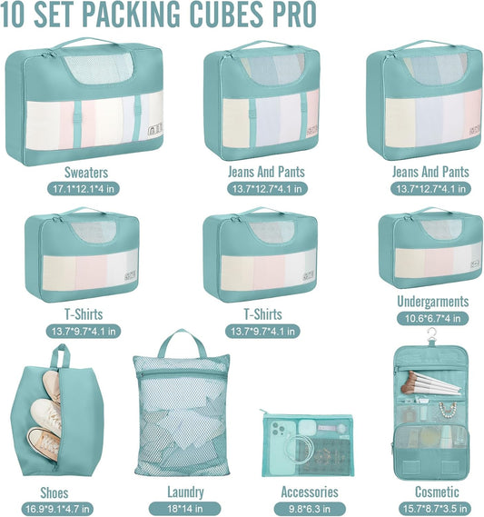 Veken 10 Set Packing Cubes for Travel Essential, Suitcase Organizer Bags in 4 Sizes, Carry-On Luggage Accessories with Large Laundry & Hanging Toiletry Bag, Must-Have for Airplane, Road Trip & Camping