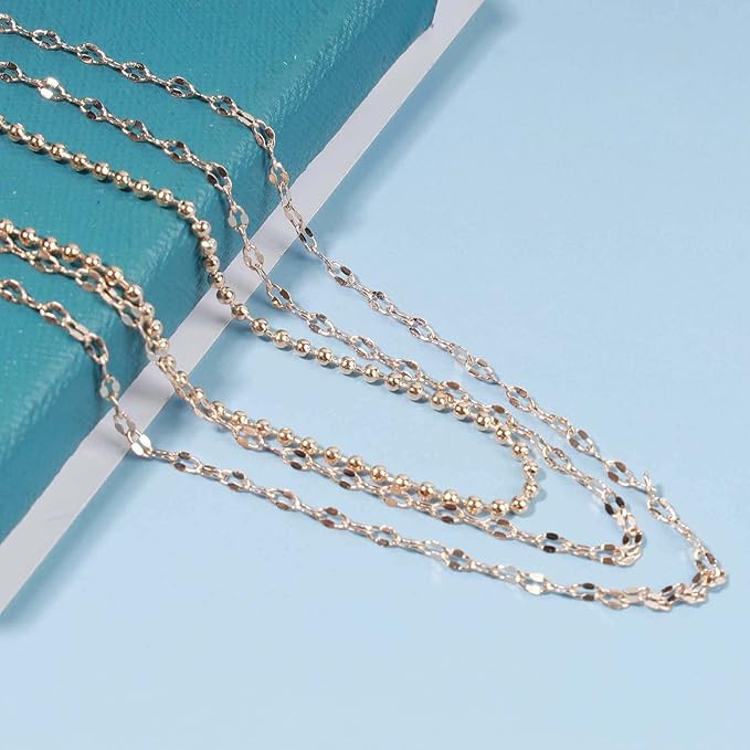 Boho Layered Necklace Choker Gold Lace Chain Necklace Shimmer Shinny Necklace Vintage Multilayer Beaded Necklace Jewelry for Women and Girls