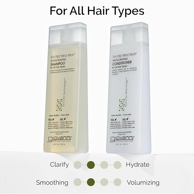 GIOVANNI Tea Tree Triple Treat Invigorating Shampoo & Conditioner Set - Cooling Peppermint, Eucalyptus, Rosemary, Helps Dry, Flaky Scalp, Salon Quality, Vegan, Cruelty Free, Paraben Free - 24 oz Each