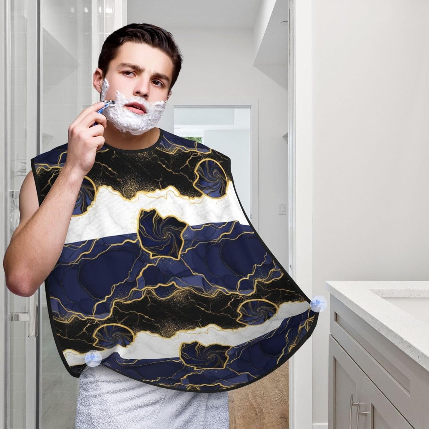 Beard Hair Catcher Bib, Waterproof Non-Stick Grooming Apron for Shaving Trimming, Perfect for Men Dad, Navy Blue Golden Marble Shave Bib