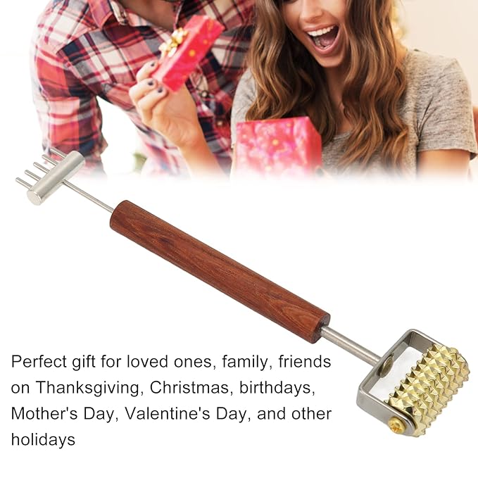 Double Head Design Face Massage Roller, Copper Wooden Handle Promote Circulation Double Head Skin Roller Massage Stick Copper Acupoint Pressing Tool