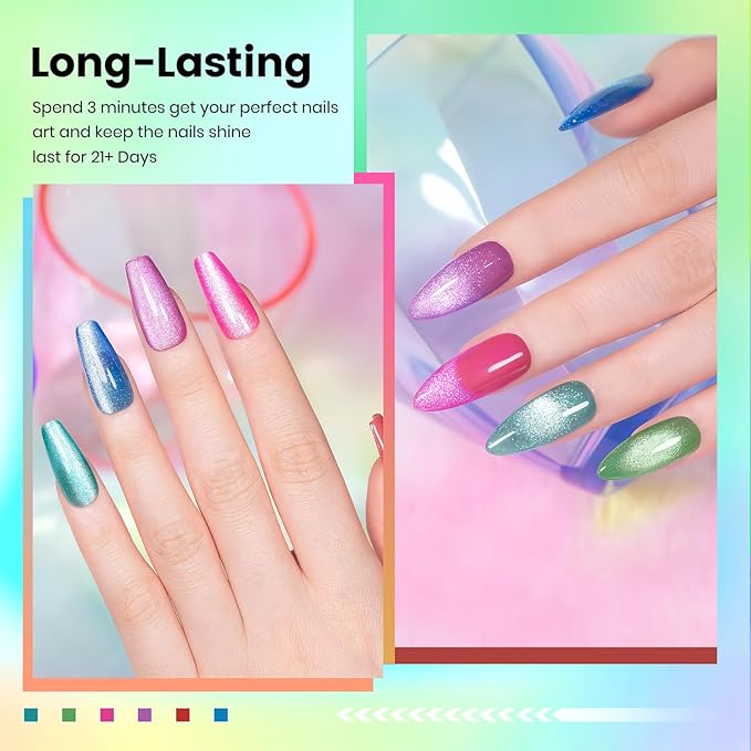 RARJSM Neon Diamond Cat Eye Gel Nail Polish Set 6 Colors Velvet Silver Glitter Bright Green Lake Blue Red Rose Purple Gel Polish with Magnet Stick UV LED Curing Requires Soak Off Home Salon Diy