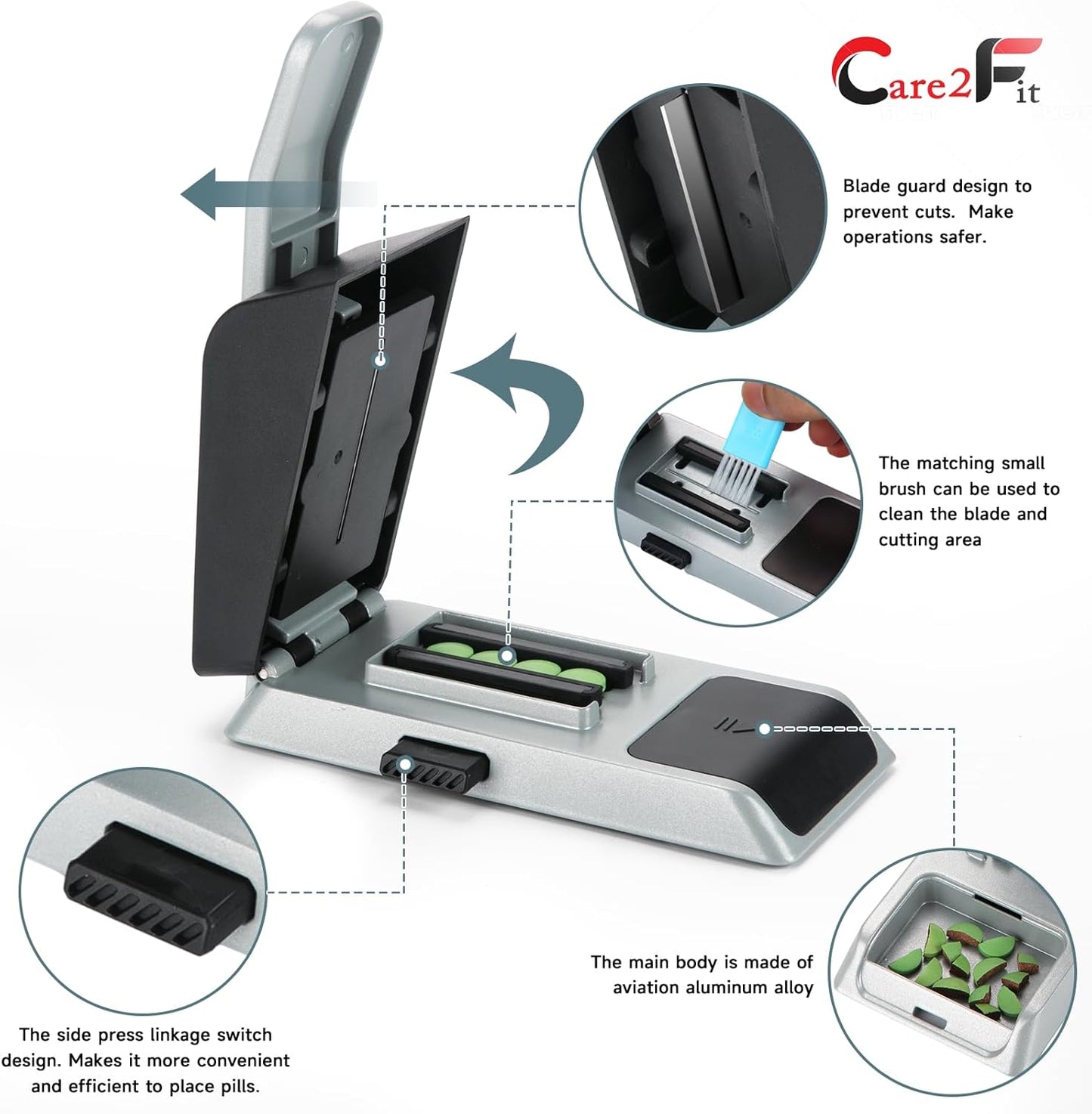 Auto Centering Pill Cutter Device, Pill Splitter Made of Aviation Aluminum Alloy with 402 Stainless Blade, Anti Cut Design,Ergonomic Operation Control,Designed in The USA (Silvery)