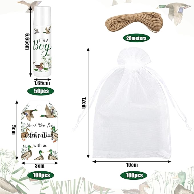 Demissle 50 Pcs Baby Shower Lip Balm Gift Set with 100 Pcs Organza Bags Baby Shower Party Favor for Guest Thank You Tag Rope Baby Shower Party Decoration Gender Reveal Souvenirs (Mallard)