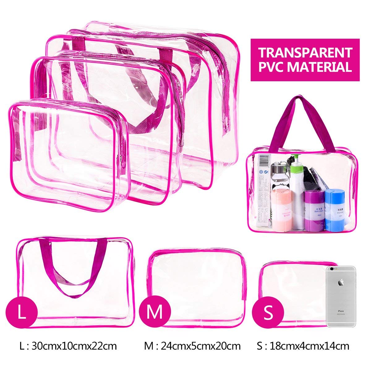 4Pcs Crystal Clear PVC Travel Toiletry Bag Kit for Women Men, Waterproof Vinyl Packing Organizer Storage Bags with Zipper Handle Straps, Cosmetic Pouch Carry on Airport Airline Compliant Bag Handbag