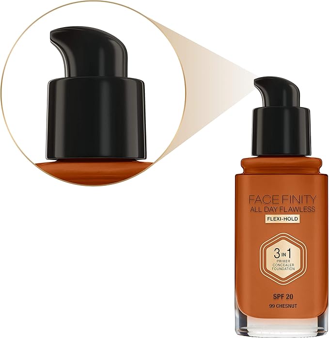 Max Factor Facefinity 3-in-1 All Day Flawless Liquid Foundation, SPF 20-99 Chestnut, 30 ml