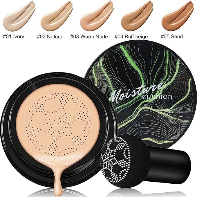 Mushroom Head Air Cushion CC Cream Natural Foundation,PHOERA Foundation,PHOERA Concealer, PHOERA Primer, PHOERA Powder, Kabuki Makeup Brushes Foundation (101 Porcelain+01 Ivory CC)
