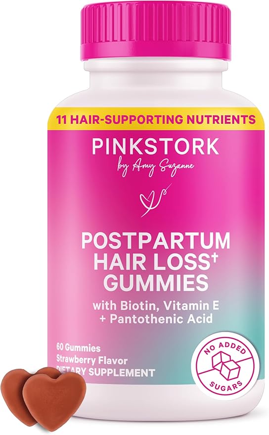 Pink Stork Postpartum Hair Loss Gummies - Biotin with Vitamin E, Pantothenic Acid, B6 & B12 for Beautiful & Strong Hair, Skin, and Nails - Postpartum Essentials for New Moms - 60 Gummy Vitamins