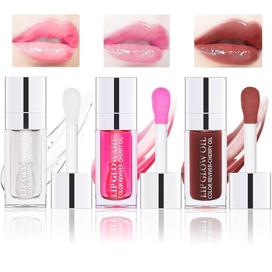 3PCS Lip Oil Set, Hydrating Lip Glow Oil Lip Plumper Gloss, Tinted Lip Oils Transparent Long Lasting Non-sticky Lip Gloss, Plumping Lip Gloss Lip Care Kit (Clear & Raspberry & Mahogany)