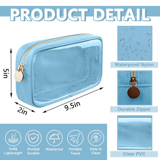 Clear Small Makeup Bag with Zipper, Nylon&PVC Cosmetic Travel Bag Preppy TSA Approved Toiletry Bag for Women Girls, Transparent Waterproof Makeup Pouches Cute Travel Bag for Purse(Small-Blue)