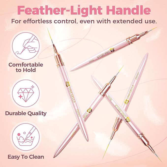 UNA GELLA Nail Art Brushes Metallic, 5 Count Liner Pens Set For Nail Art Gel Polish, Detail Nail Art Design Painting Brush Set For Nails Gel Fine Drawing Nail Tools, Sizes 7/9/11/15/25mm