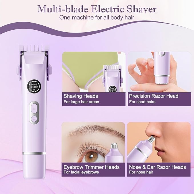 Upgrade Dermave Bikini Shaver, Dual Head 4 in 1 Bikini Trimmer for Women, IPX7 Waterproof Wet & Dry Use Electric Razor with Led Light and Display for Nose, Eyebrow, Bikini, Body (Purple)