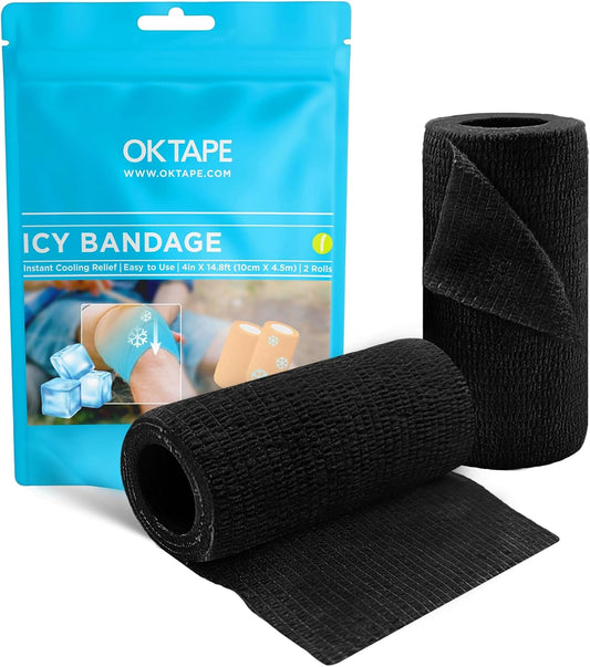 OK TAPE Ice Self Stick Bandage Wrap, Instant Cold Relief for Knee, Ankle, Wrist, Cold Compress Elastic Athletic Tape for Sports Injuries, No Refrigeration Needed, 4 Inch x 15 Feet, 2 Rolls, Black