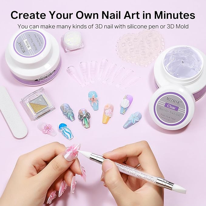 MIZHSE 2PCS 60g Clear and White Solid Builder Gel for Nails, 3D Sculpting Gel for Nail Art with Gold Silver Chrome Powder Nail Form Molding Builder Gels Kit for Women Home DIY Manicure