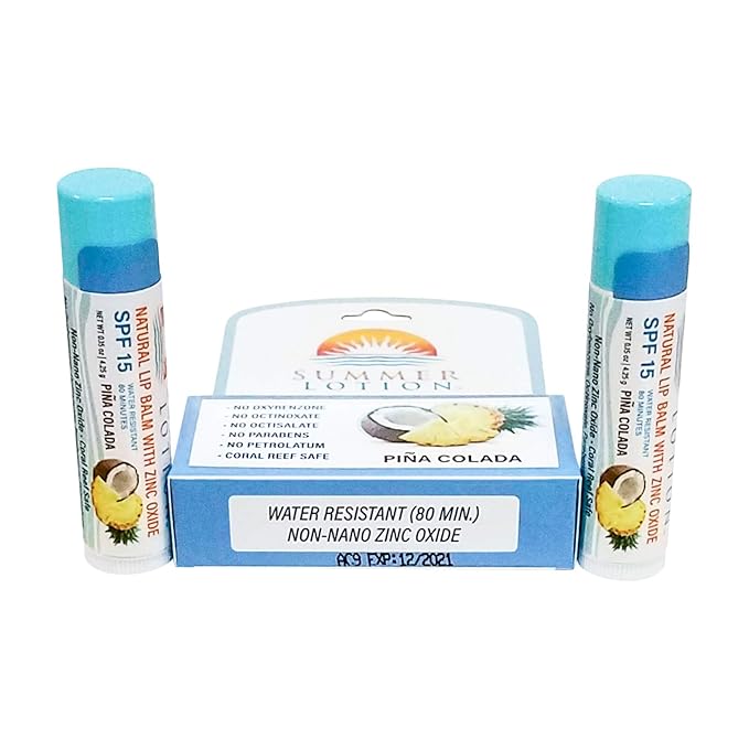 Natural Lip Balm with Zinc Oxide Sunblock by Summer Lotion, SPF 15 Lip Sunscreen 2-Pack, Water Resistant Chapstick, SPF Lip Protection for Everyone, (Pina Colada)
