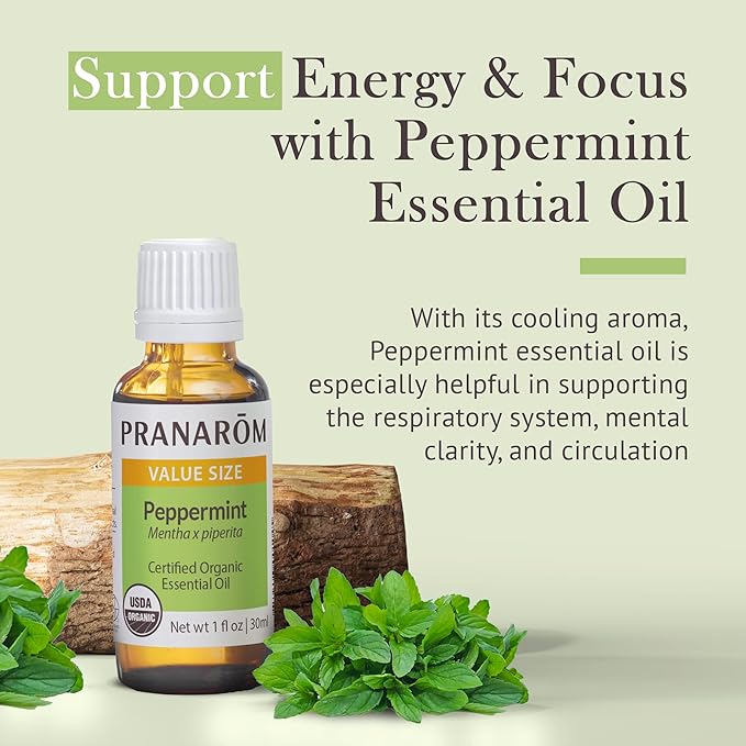 Pranarom USDA Certified Organic Peppermint Essential Oil (30ml), 100% Pure Undiluted Therapeutic Grade from India for Aromatherapy, Diffuser, Topical, Cooling, Massage & Relaxation