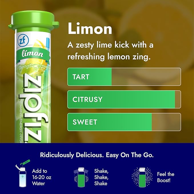 Zipfizz Daily Energy Drink Powder, Limon, 20 Pack | 3-in-1 Sustained Energy, Rapid Hydration, and Essential Vitamins | Sugar-Free | Electrolyte Powder | Contains Vitamin B-12 & Antioxidants