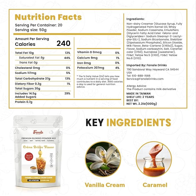 Fanale Premium Creme Brulee Bubble Tea Flavoring Powder | Perfect for Baking, Smoothies, Desserts and Drinks | Instant Flavoring Powder for Boba Milk Tea - 2.2 lb 1kg | PWD288