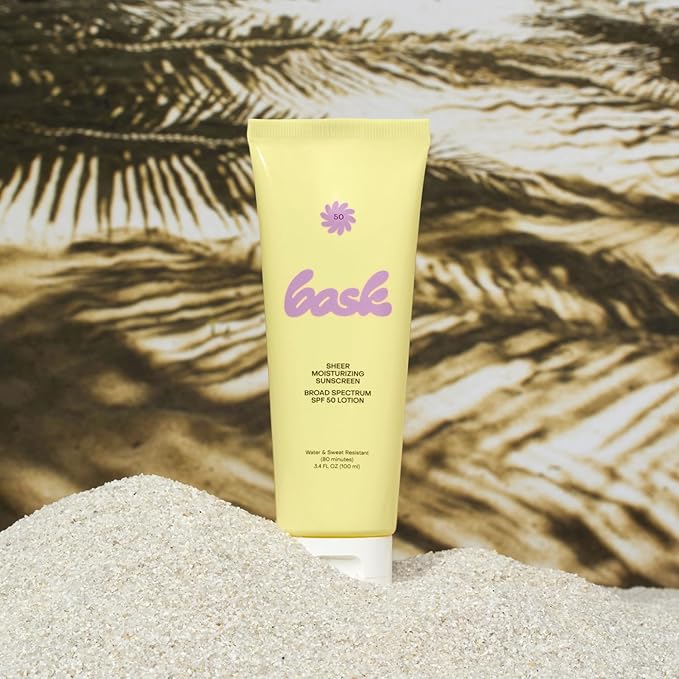 Bask Suncare SPF 50 Sheer Moisturizing Sunscreen Lotion - Broad Spectrum UVA/UVB Protection, Dermatologist Recommended, Hydrating, Lightweight & Fast Absorbing, No White Cast, Travel Size, 3.4 fl oz