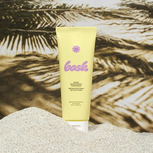 Bask Suncare SPF 50 Sheer Moisturizing Sunscreen Lotion - Broad Spectrum UVA/UVB Protection, Dermatologist Recommended, Hydrating, Lightweight & Fast Absorbing, No White Cast, Travel Size, 3.4 fl oz