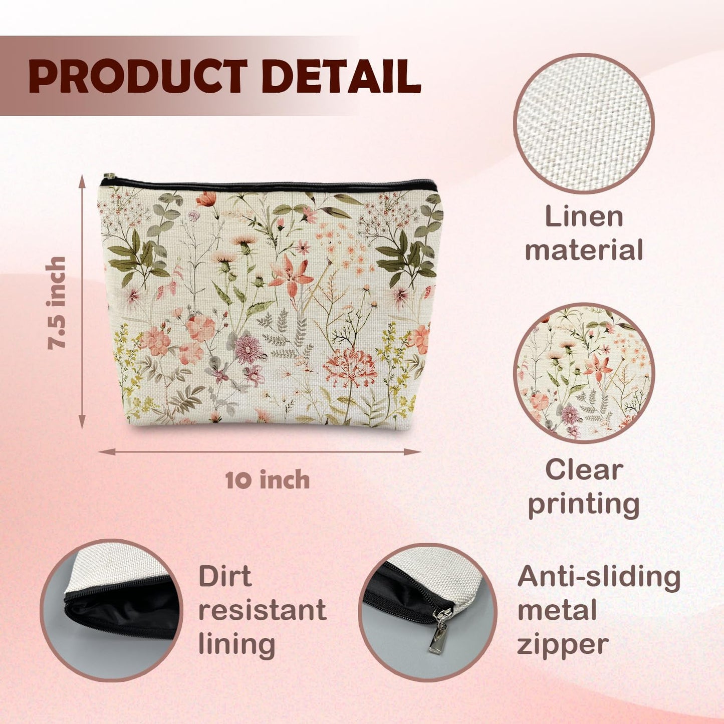 Floral Flower Makeup Bag, Cosmetic Bag for Women, Small Makeup Bag for Purse, White
