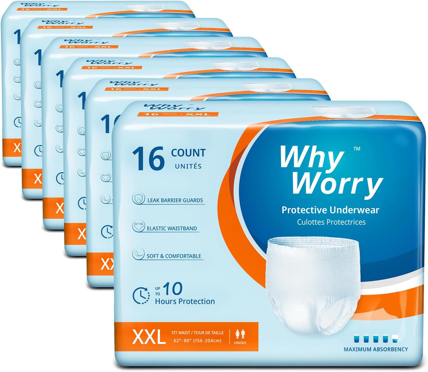 WhyWorry Incontinence Underwear for Women and Men, Disposable Adult Pull Ups with Overnight Absorbency, Leakproof, Unisex, XXLarge, 96 Count (6 Packs of 16)