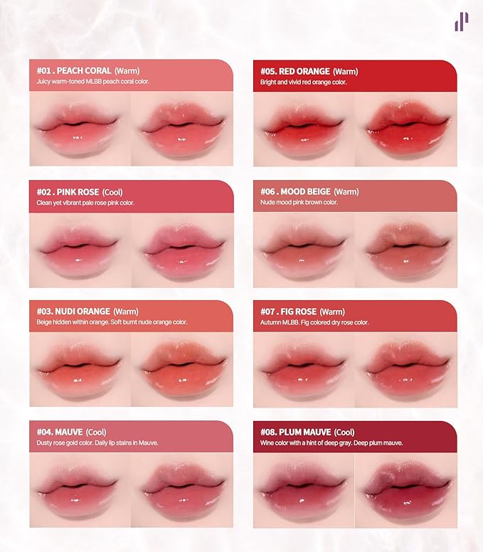 Heart Percent Dote On Mood Pure Glow Tint, Watery & Lightweight Moisturizing Lip Stain Long Lasting Liquid Lipstick 6.8g, #13. Bare Lips
