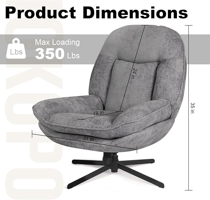 1 Pack 360°Free Swivel Accent Chair for Living Room, Slightly 20°Rocking, 24" High Backrest Upholstered Armchair, Ergonomic Design, Chenille Breathable Soft Fabric Modern Single Sofa, Gray